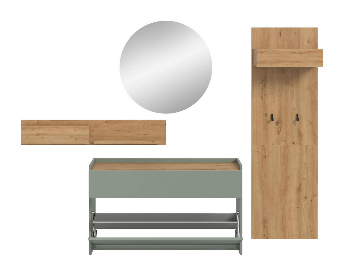 GARDEROBE Flow (B/H/T: ca. 205/197/32 cm) 4 tlg. in Salbei/Salbei - Salbeigrün, Holzwerkstoff (205/197/32cm) - Homes & Jones