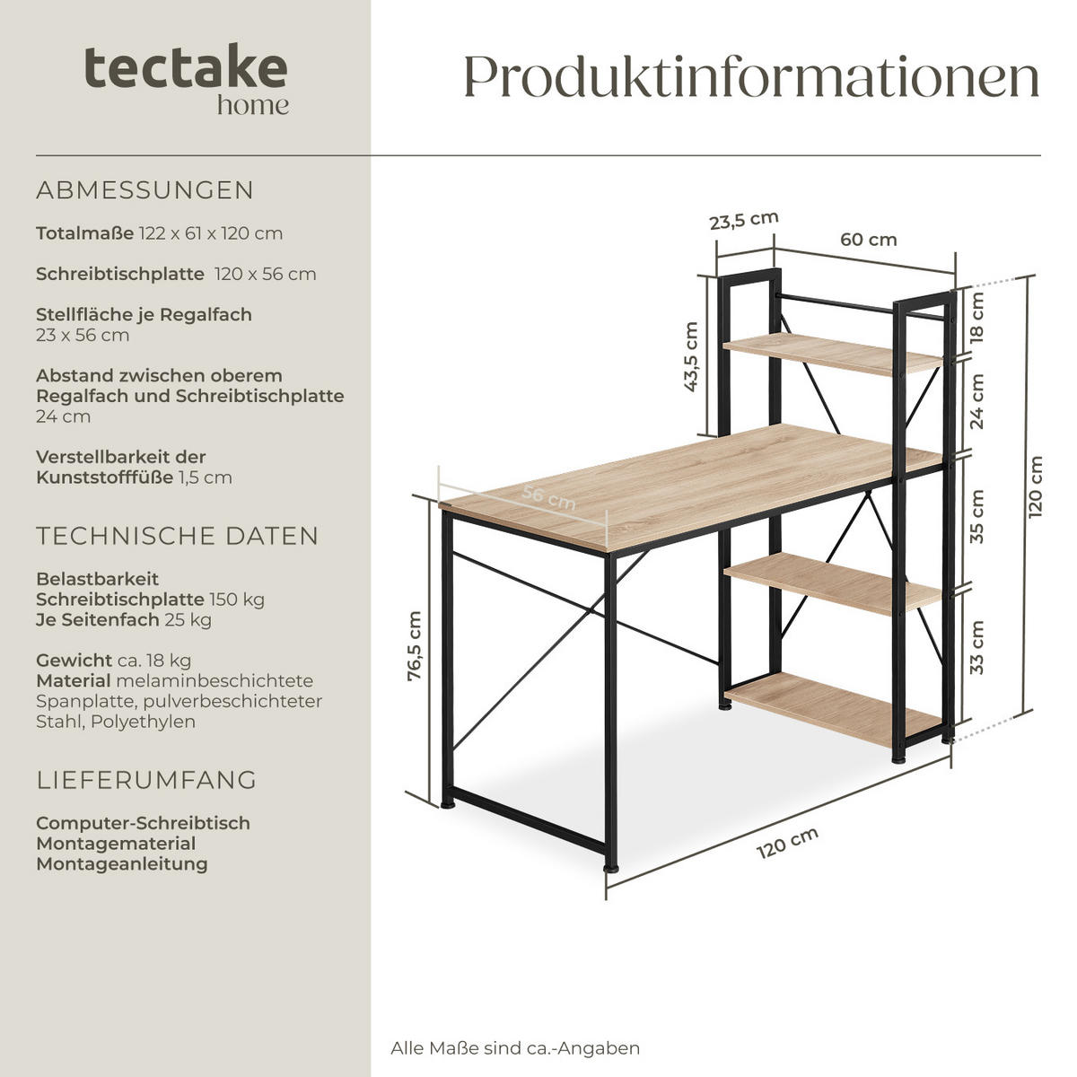 COMPUTERTISCH Hershey,122 x 61 x 120 cm,Industrial Holz hell, Eiche Sonoma - Naturfarben, Holzwerkstoff (122/61/120cm) - tectake