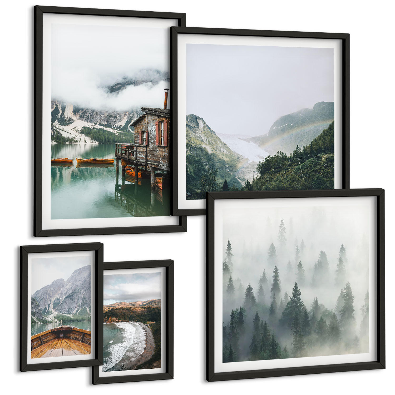BILDER SET 5er Set - 50x50 cm & 20x30 cm & 40x60 cm Schwarzer Rahmen - Berge, See, Boot, Nebel, Strand - Schwarz, Kunststoff (40/60cm) - TULUP