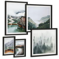 BILDER SET 5er Set - 50x50 cm & 20x30 cm & 40x60 cm Schwarzer Rahmen - Berge, See, Boot, Nebel, Strand - Schwarz, Kunststoff (40/60cm) - TULUP