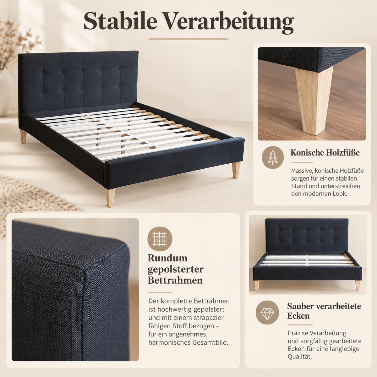 POLSTERBETT mit Lattenrost 160/200 cm in Schwarz - Schwarz, Textil (160/200cm) - Homestyle4u
