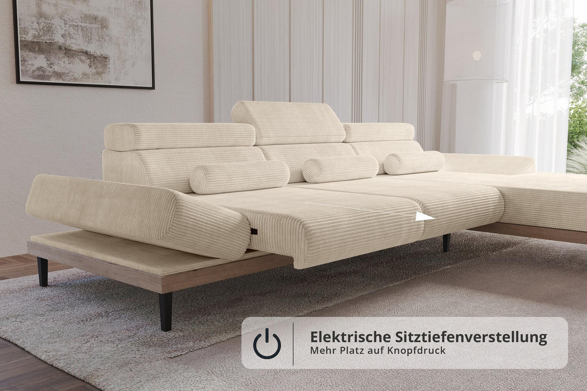 ELEKTRISCHES ECKSOFA Rechts MONA 316x205x85 Beige Cord - Sandfarben/Beige, Holzwerkstoff/Textil (316/205cm) - ALTDECOR