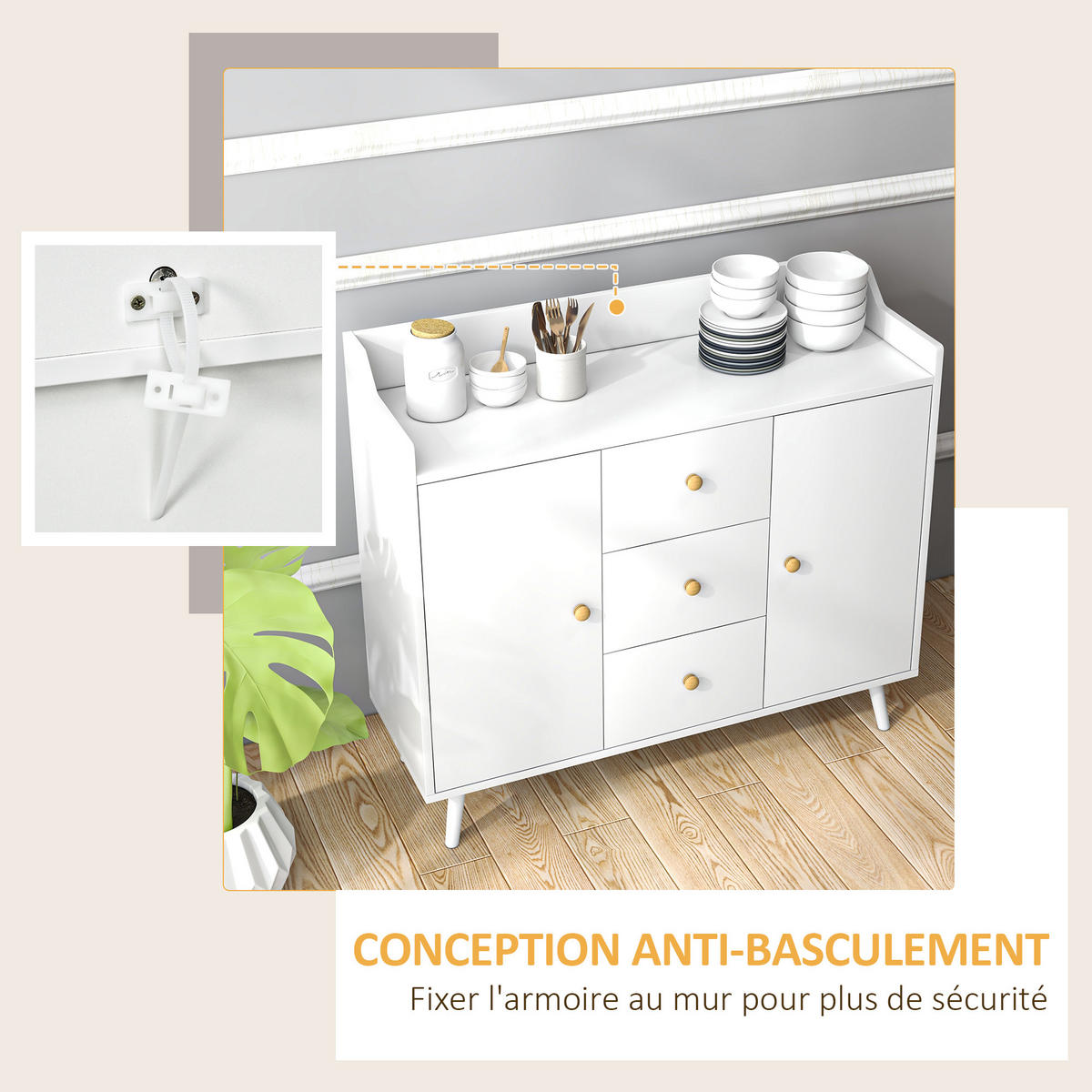 SIDEBOARD Weiß, 2 Türen, 3 Schubladen, 90/32/80 cm - Weiß, Holz (90/80/32cm) - PANGIVO