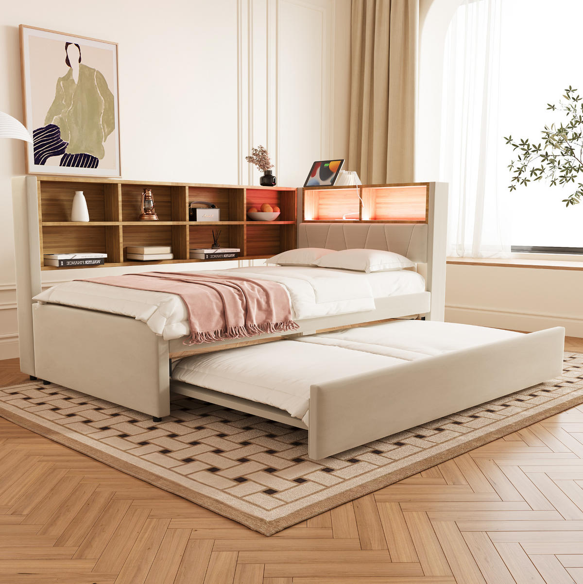 POLSTERBETT 90/200 cm Beige aus Flanell mit Ausziehbett - Beige, Textil (90/200cm) - OKMYHOME