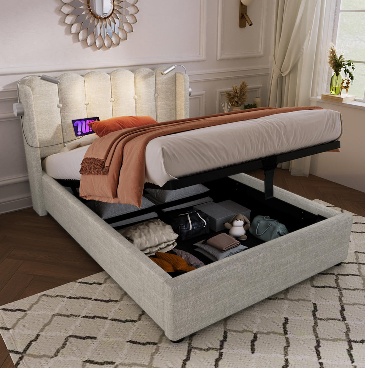 POLSTERBETT 90/200 cm in Beige mit Bettkasten, Leselicht und USB - Beige, Textil (90/200cm) - Flora Grace
