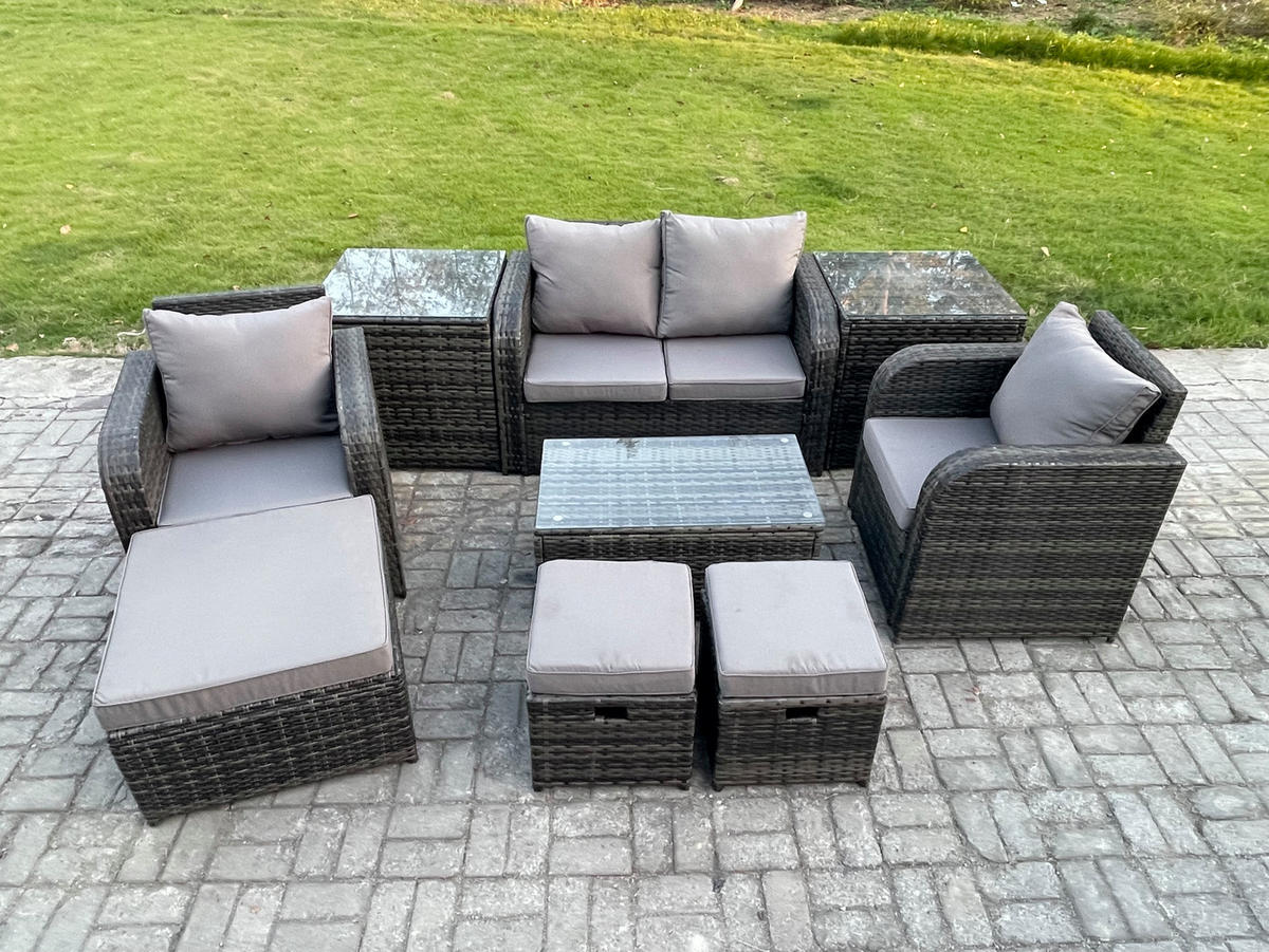 GARTENLOUNGE-SET Polyrattan Dunkelgrau 7-Sitzer - Dunkelgrau, Metall - Fimous