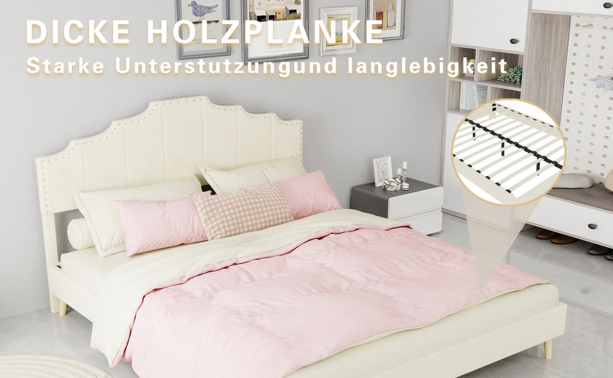 POLSTERBETT 160/200 cm mit geometrischem Kopfteil und Lattenrost, Beige - Beige, Textil (160/200cm) - Redom