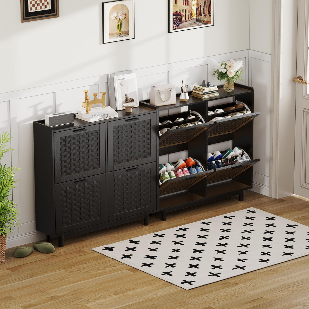 SCHUHSCHRANK 100cm schwarz mit 4 Klappfächern & Rattan-Imitation - Schwarz, Holz (24/95/100cm) - SHOPENTRA