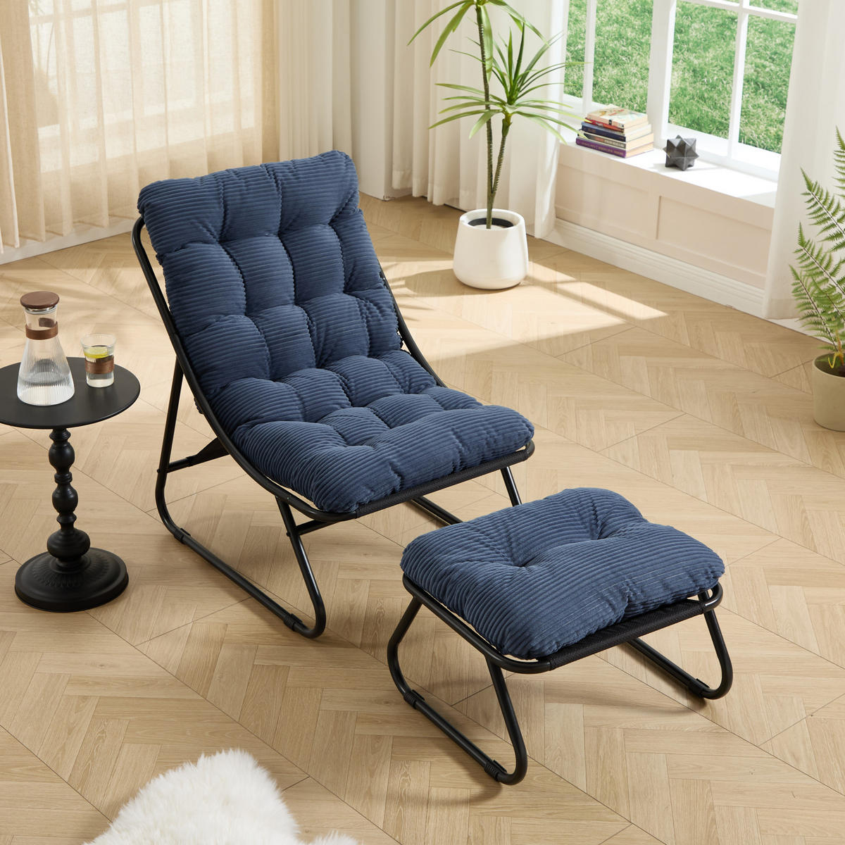 SCHAUKELSTUHL mit Dickem Kissen und Hocker,Blau Metallrahmen für Garten Balkon Wohnzimmer - Blau, Metall (65/86/78cm) - PARAFTA HOME