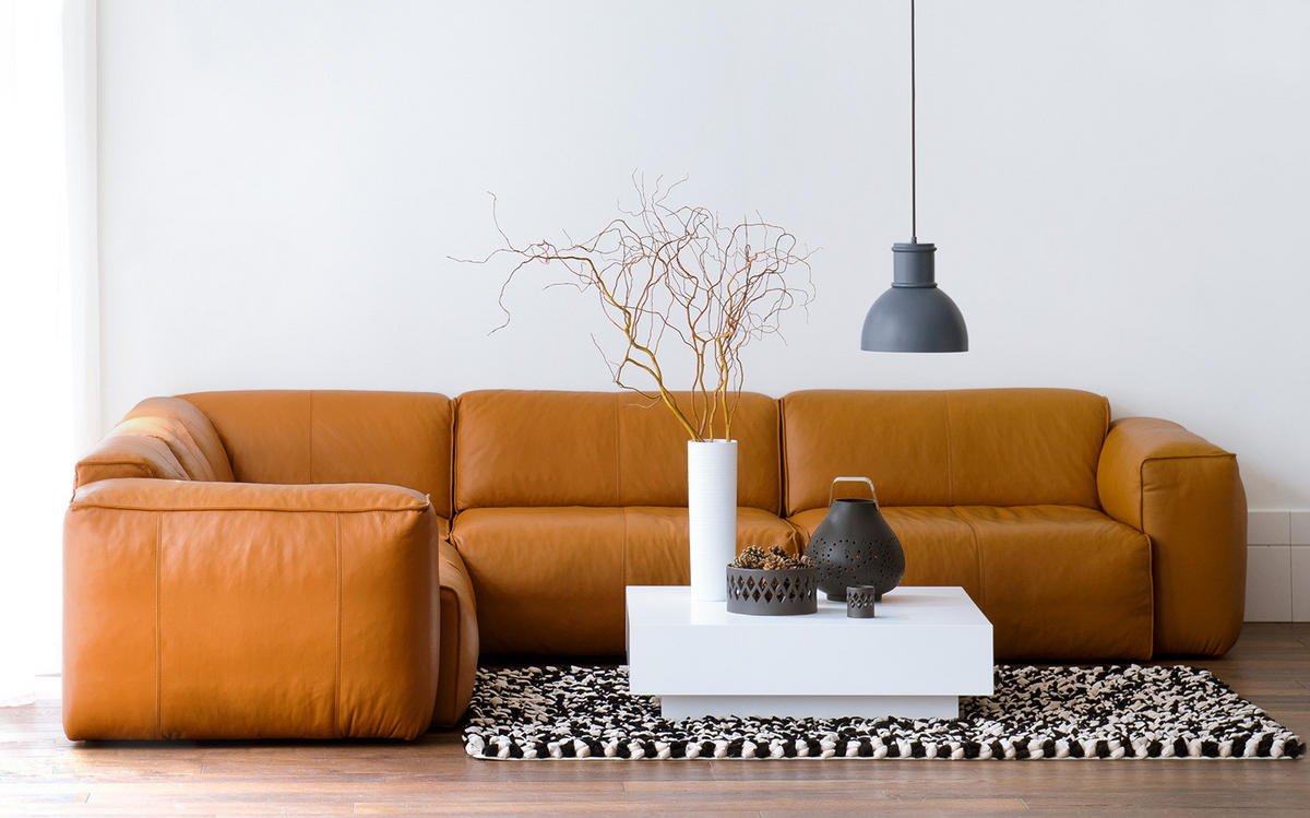 ECKSOFA mit Rundecke - Cognac/Schwarz, Leder/Kunststoff (325/260cm) - home24