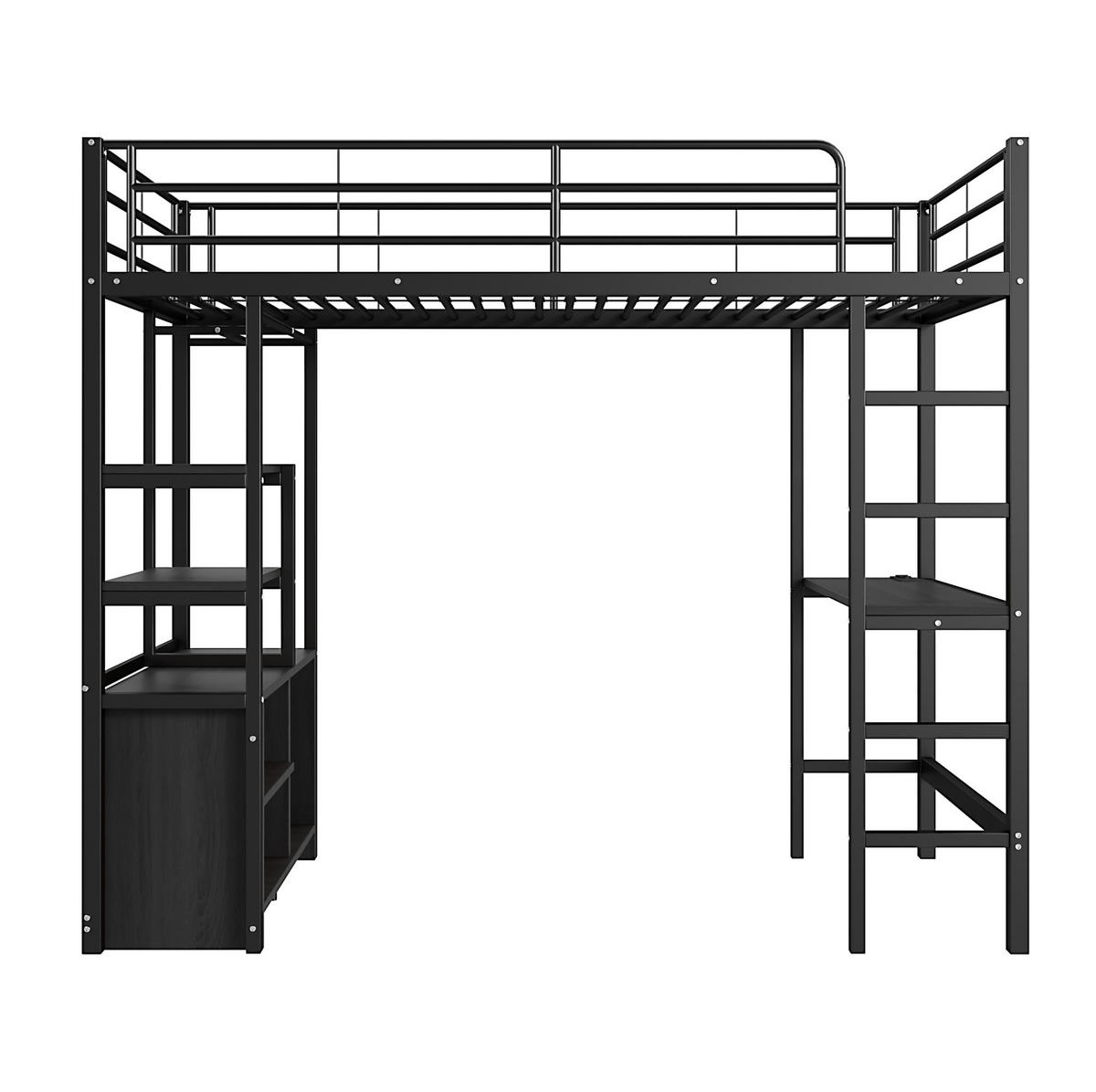 HOCHBETT 90/200 cm aus Metall mit Schreibtisch, Regalen und USB-Anschluss - Schwarz, Metall (90/200cm) - Flora Grace