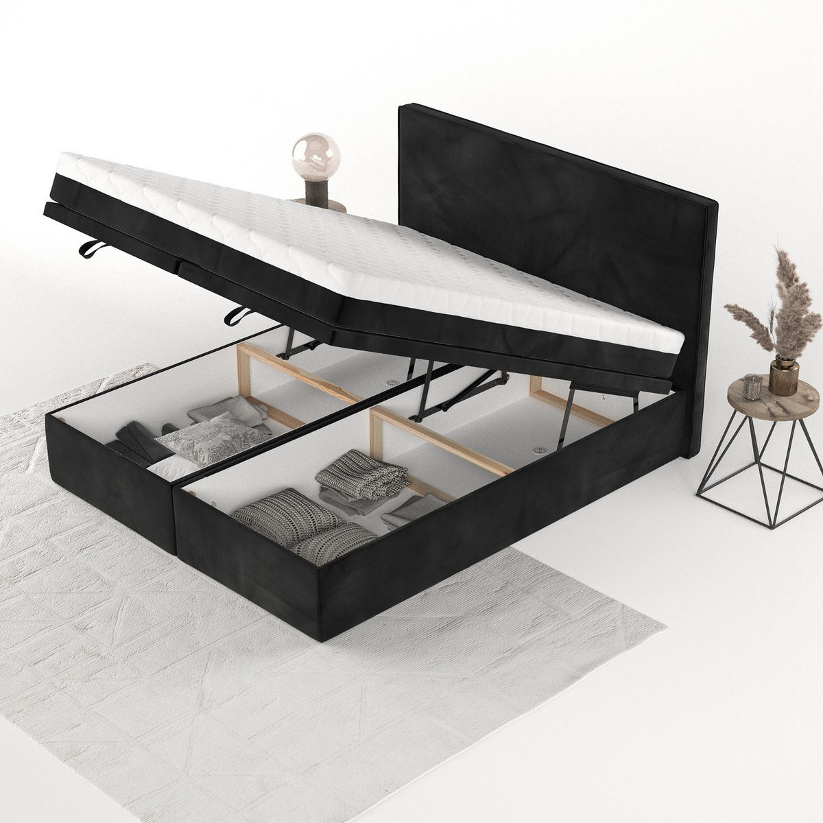 BOXBETT Zalla 200/200 cm Schwarz im Kronos Stoff - Schwarz, Holz/Holzwerkstoff (200/200cm) - AltaBeds