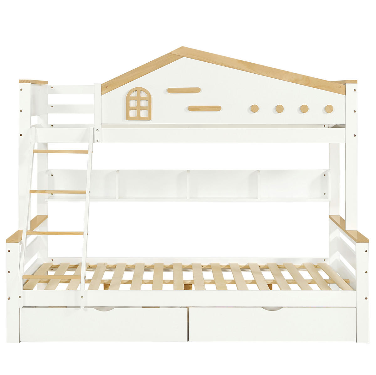 HAUSBETT 90/200 & 140/200 cm mit Regal und 2 Schubladen in Weiß/Natur - Weiß, Holzwerkstoff (90/200cm) - BEAOK