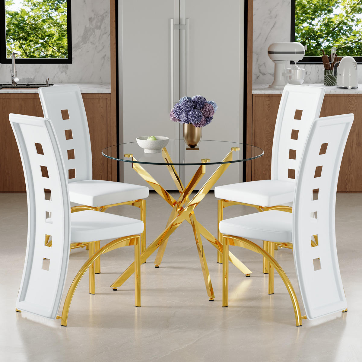 ESSGRUPPE DE-39452 5-teilig, Glastisch und 4 Stühlen mit Lochmuster Weiß/Gold - Goldfarben/Weiß, Metall (88/75/88cm) - ComfortXL