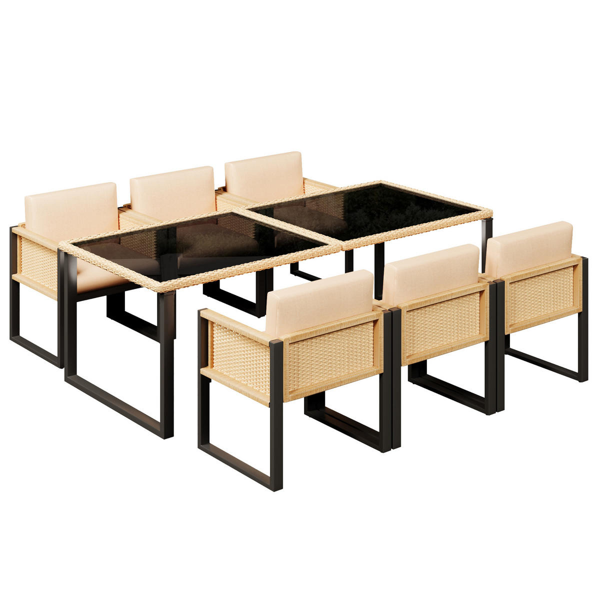 GARTEN-ESSGRUPPE 170/80/75 cm aus Polyrattan mit 6 Stühlen, Glasplatte und abnehmbaren Bezügen, Braun/Schwarz - Schwarz, Kunststoff - Redom