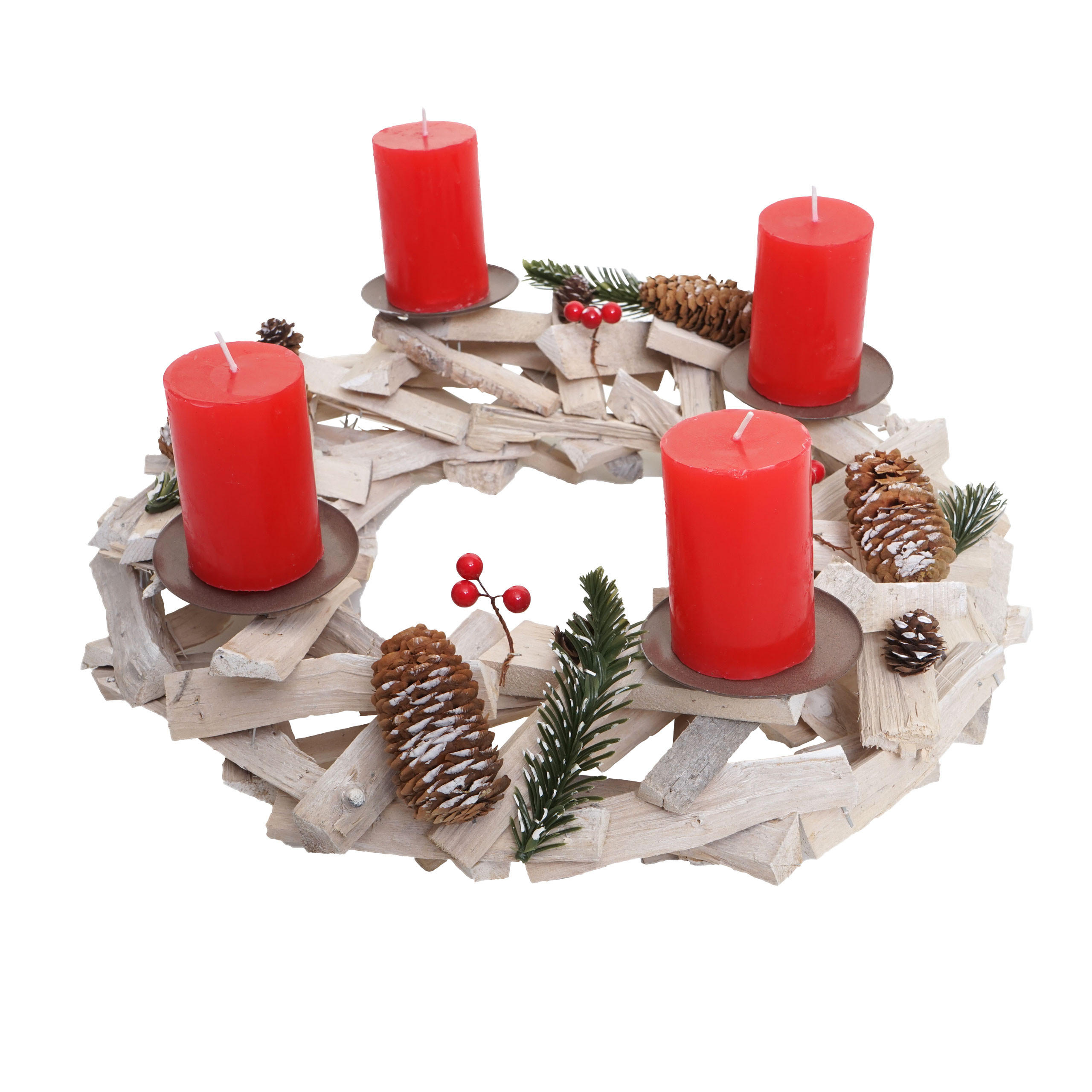 MCW ADVENTNÍ VĚNEC KULATÝ DŘEVĚNÝ SVÍČKY ČERVENÉ Bílá, červená
