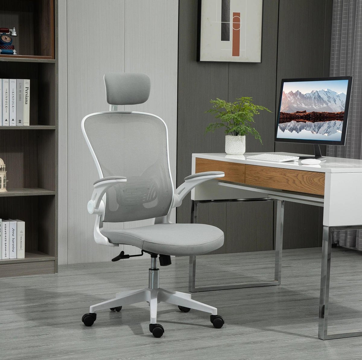 DREHSTUHL 65/64/114-122 cm, ergonomisch mit Kopfstütze und Netzrücken, grau - Grau, Kunststoff (64/122/65cm) - Redom