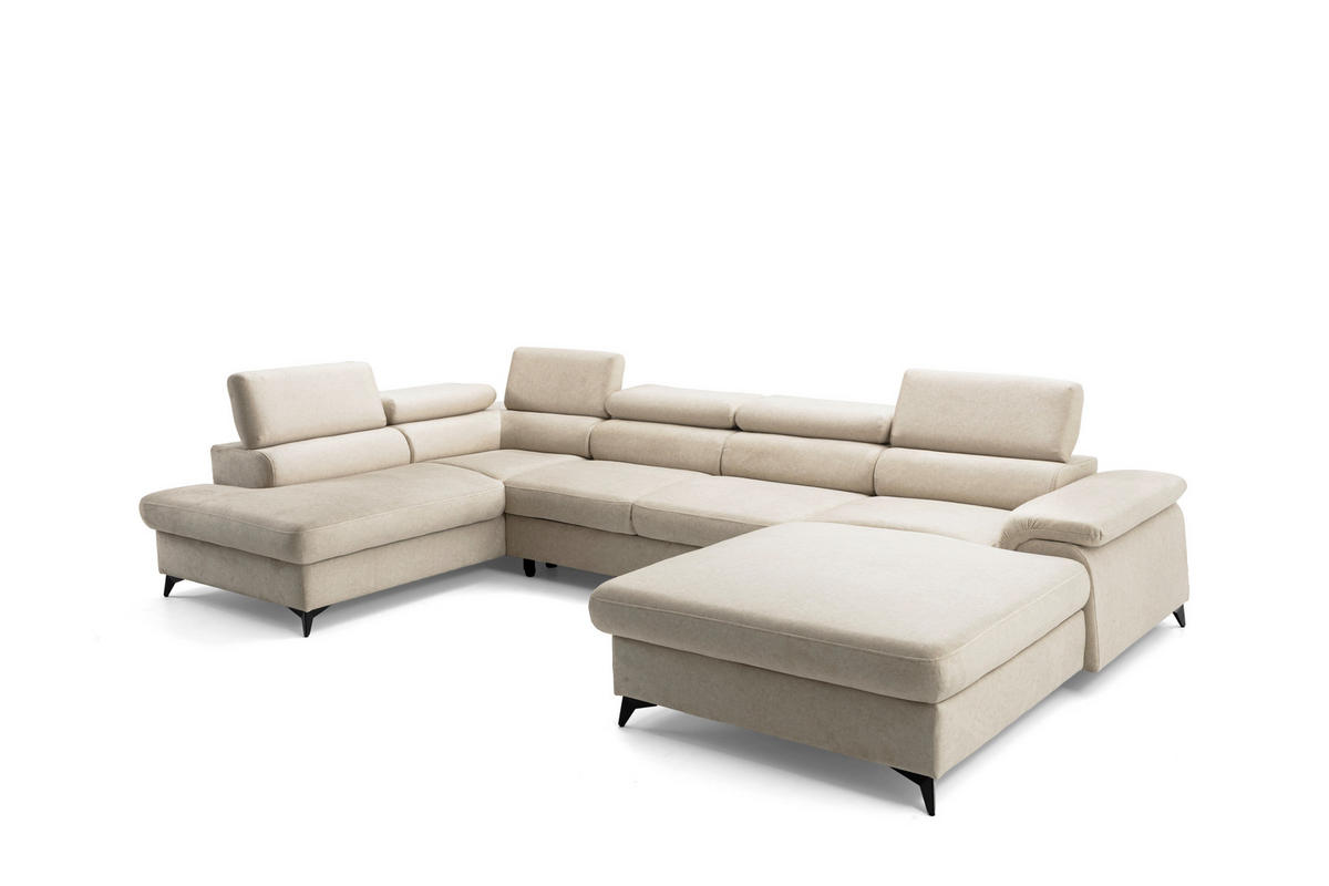 ECKSOFA U-Form PLAZA U Rechts mit Schlaffunktion 125x256 Velours Beige - Beige/Schwarz, Holz/Kunststoff (210/95/350cm) - Muffo