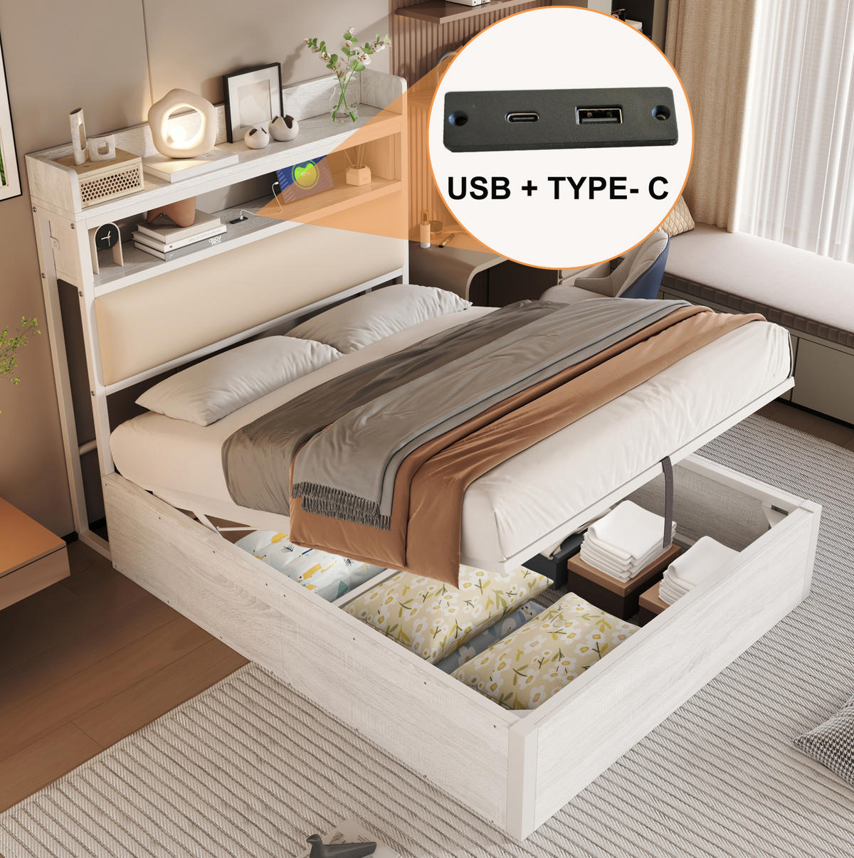 ČALÚNENÁ posteľ 90/200 cm biela s úložným priestorom USB a hydraulickým zdvihom z kovu MDF a tkaniny - biela, kov (90/200cm) - OKWISH