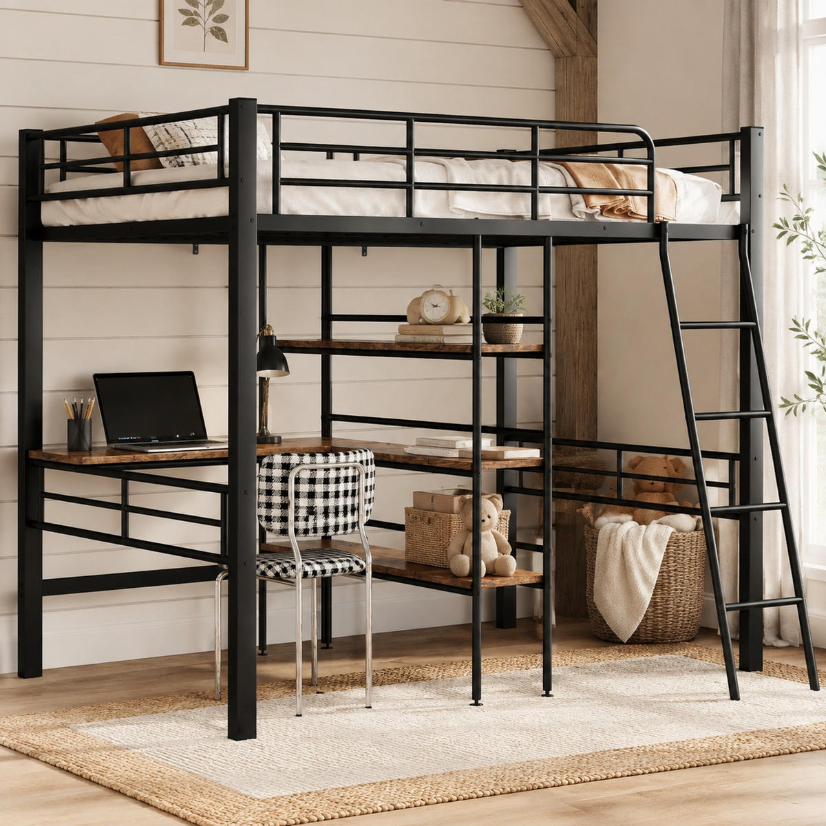 HOCHBETT 90/200 mit Schreibtisch, mehreren Regalen und Schutzgeländer in Schwarz - Schwarz, Holz/Metall (90/200cm) - EVRYAE