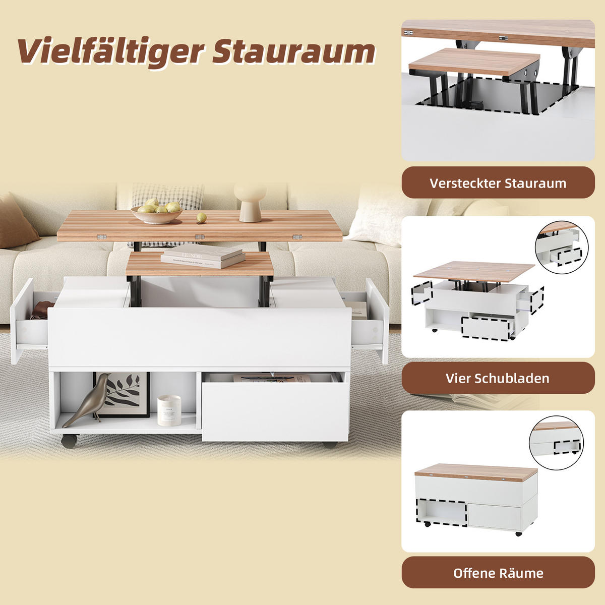 COUCHTISCH 100x50x52 cm Weiß Holz Lift 4 Schubladen Rollen - Multicolor, Holzwerkstoff (100/50/52cm)