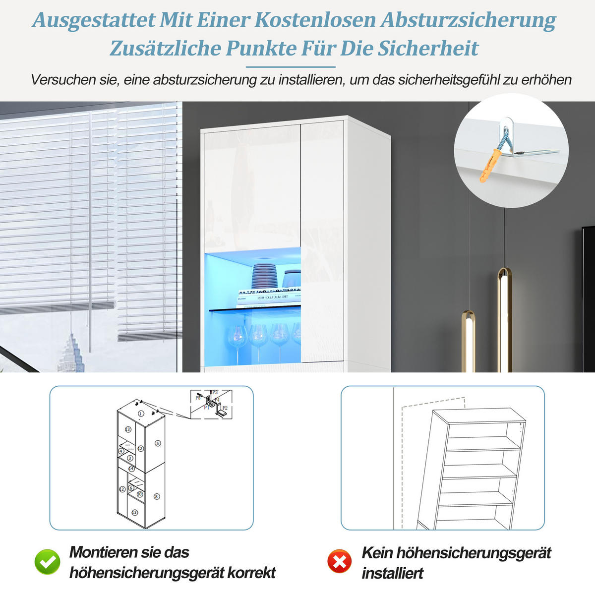 VITRINE LED Hochglanz Glasvitrine 1 Schublade 4 Türen Weiß 170cm - Weiß, Holzwerkstoff (55/170/38cm) - FLIEKS
