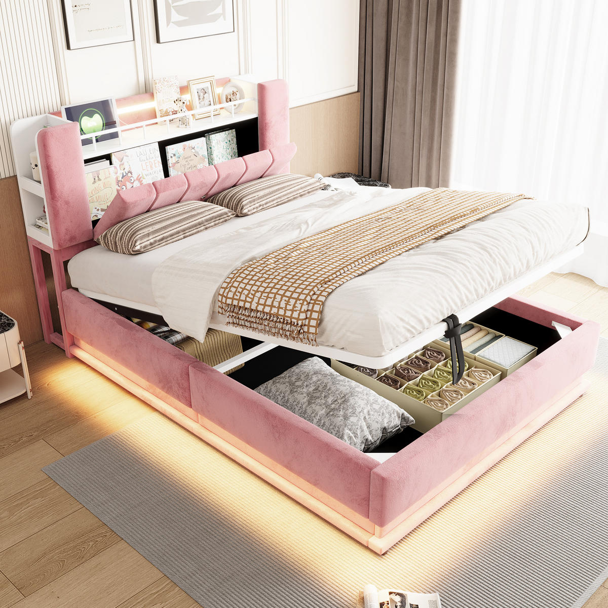 POLSTERBETT 140/200 mit Bettkasten, LED und USB-Anschlüssen in Rosa - Rosa, Holzwerkstoff/Textil (140/200cm) - EVRYAE