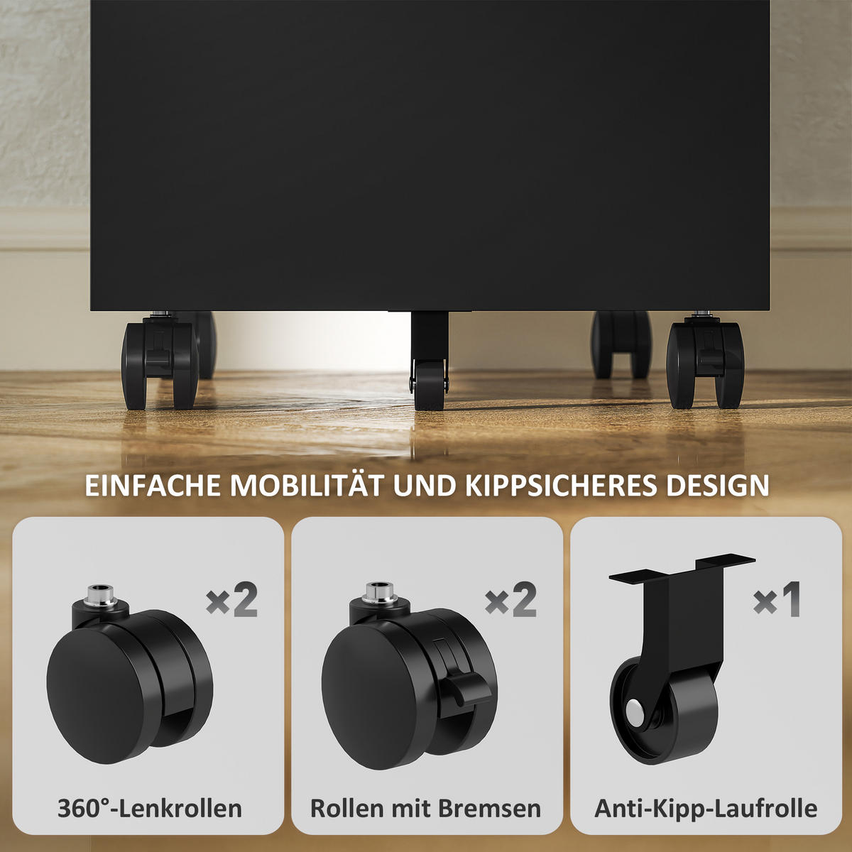 ROLLCONTAINER mit 3 Schubladen mobiler Aktenschrank mit Rollen abschließbar - Schwarz, Metall (30/60/43.5cm) - Vinsetto