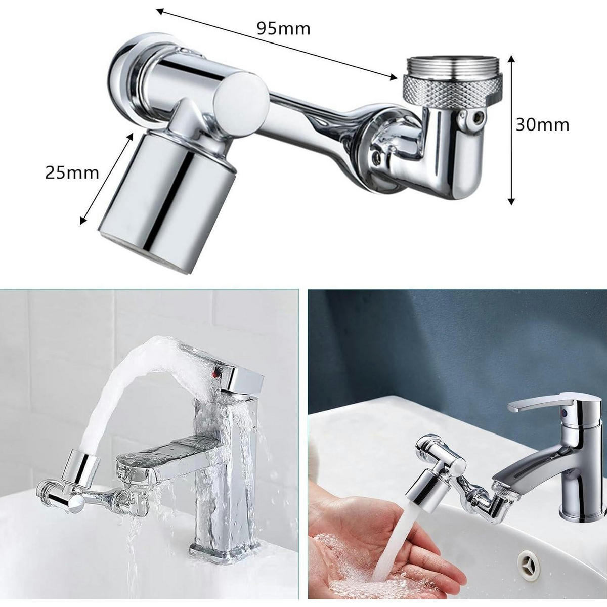 WASSERHAHN Verlängerung 1080 Grad drehbar mit 2 Wasserauslassmodi - Silberfarben, Metall (4/6/10cm)