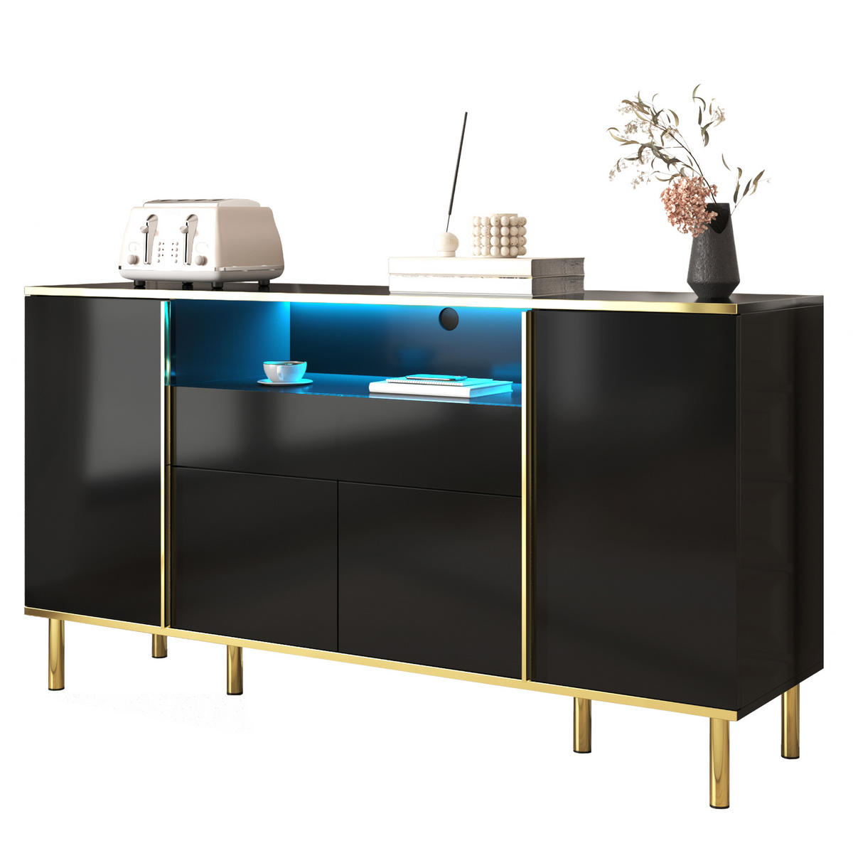 SIDEBOARD mit LED-Beleuchtung, Schublade und Hochglanz-Oberfläche - Goldfarben/Schwarz, Holzwerkstoff/Metall (150/80/40cm) - EVRYAE