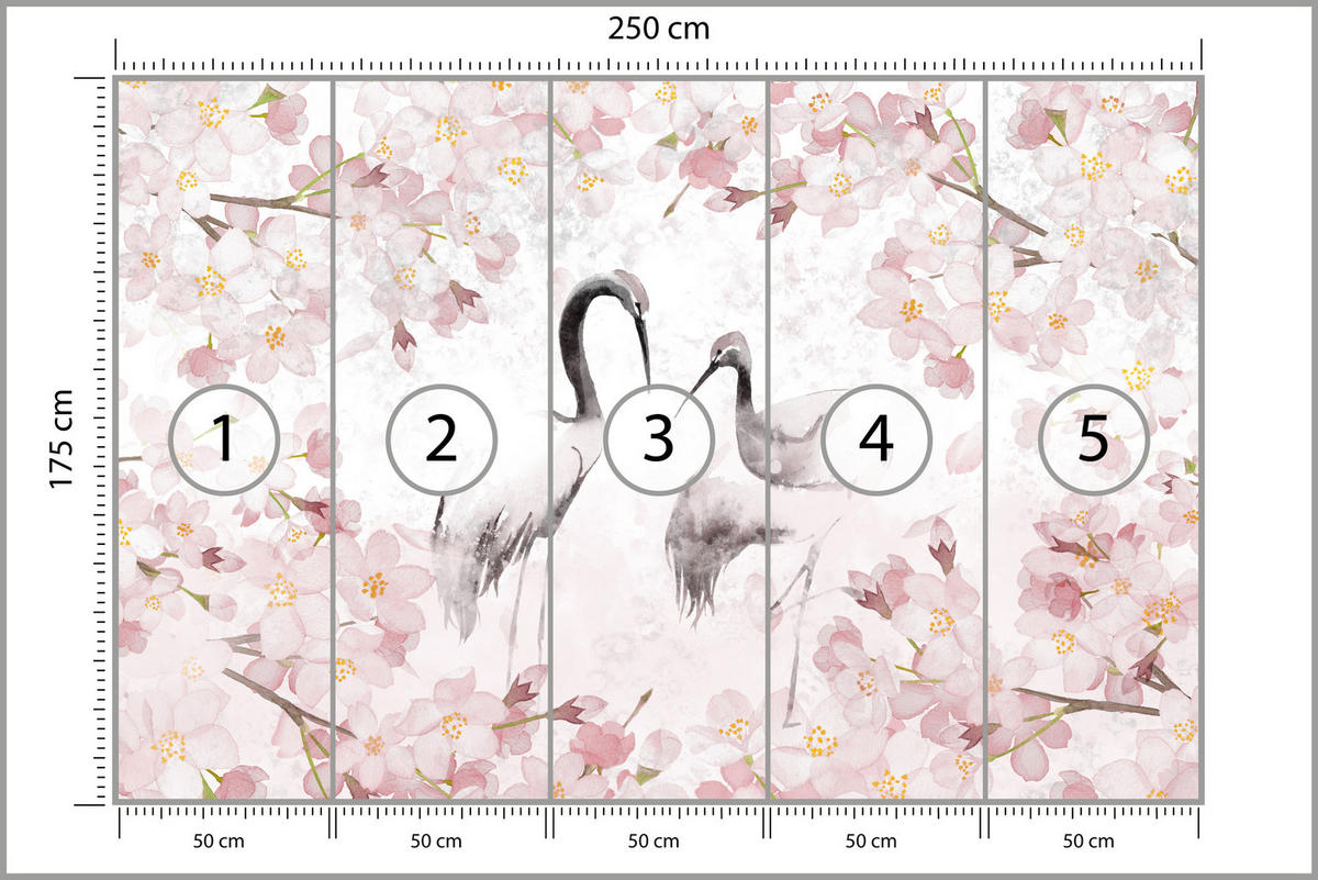 FOTOTAPETE Kraniche Kirschblüten Aquarell Natur Modern Rosa Vintage Blüten 250x175 - Beige/Rosa, Papier (250/175cm) - Muralo