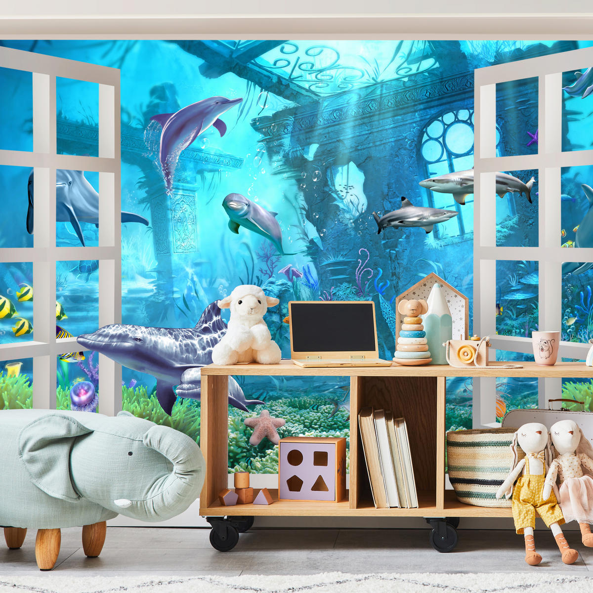 FOTOTAPETE für Schlafzimmer Fenster Unterwasserwelt Delfine Riff 300x210 - Blau/Weiß, Papier (300/210cm) - Muralo