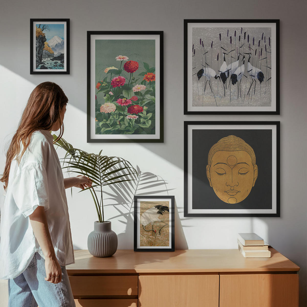 BILDER SET 5er Set - 50x50 cm & 20x30 cm & 40x60 cm Schwarzer Rahmen - Abstrakte Berge und Blumen Inspiration - Schwarz, Kunststoff (40/60cm) - TULUP