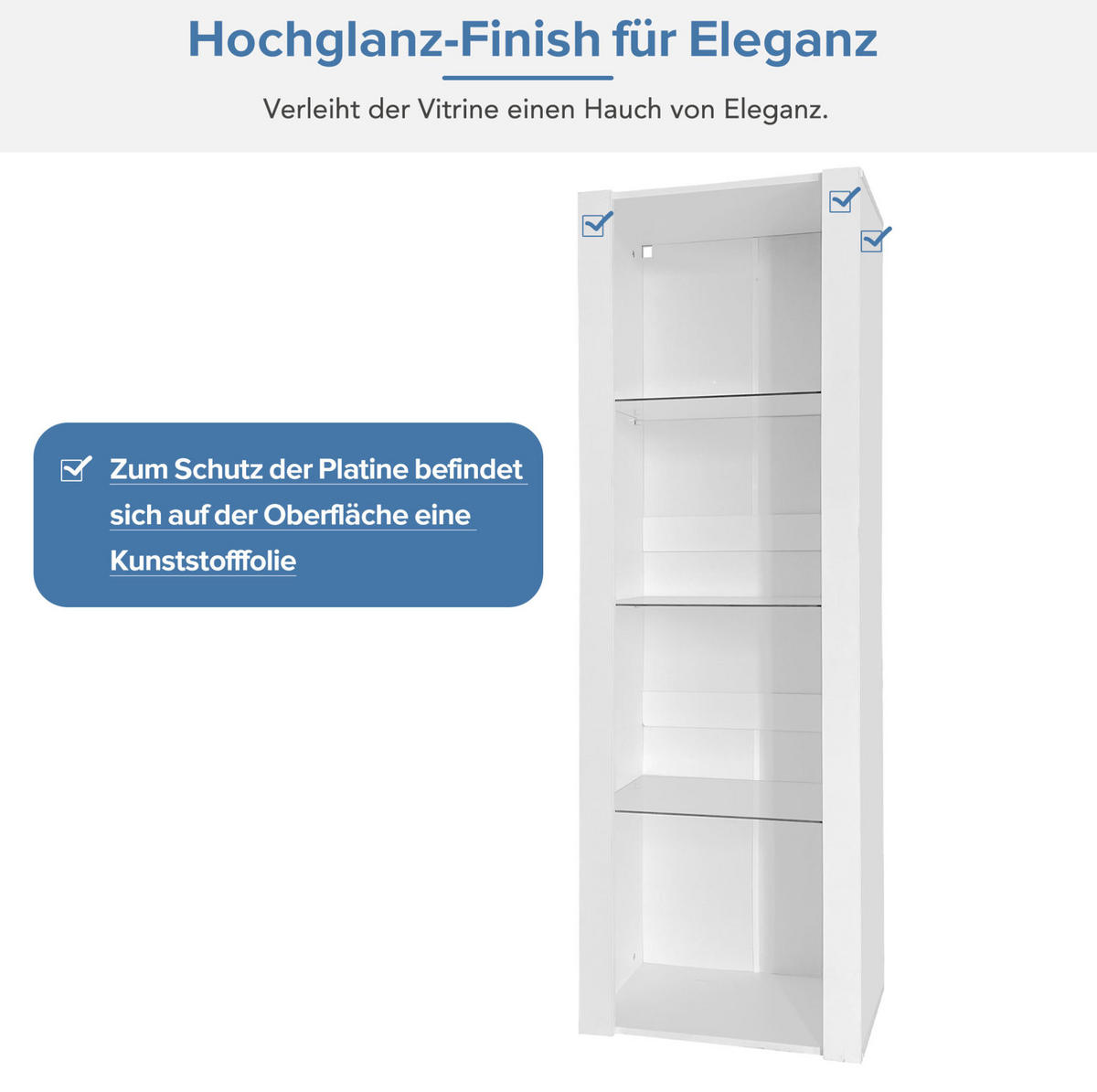 VITRINE aus Spanplatte 55x38x166 cm Weiß mit LED-Beleuchtung, 3 Glasböden und Hochglanzfront - Weiß, Holzwerkstoff (55/166/38cm) - Modfu