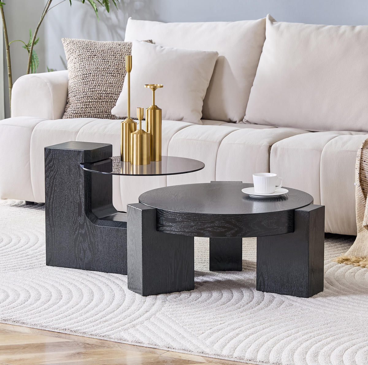 COUCHTISCH mit Ablage 61 cm, trennbar, aus Glas und MDF in schwarzer Holzoptik - Schwarz, Holzwerkstoff (61/61/30cm) - BEAOK