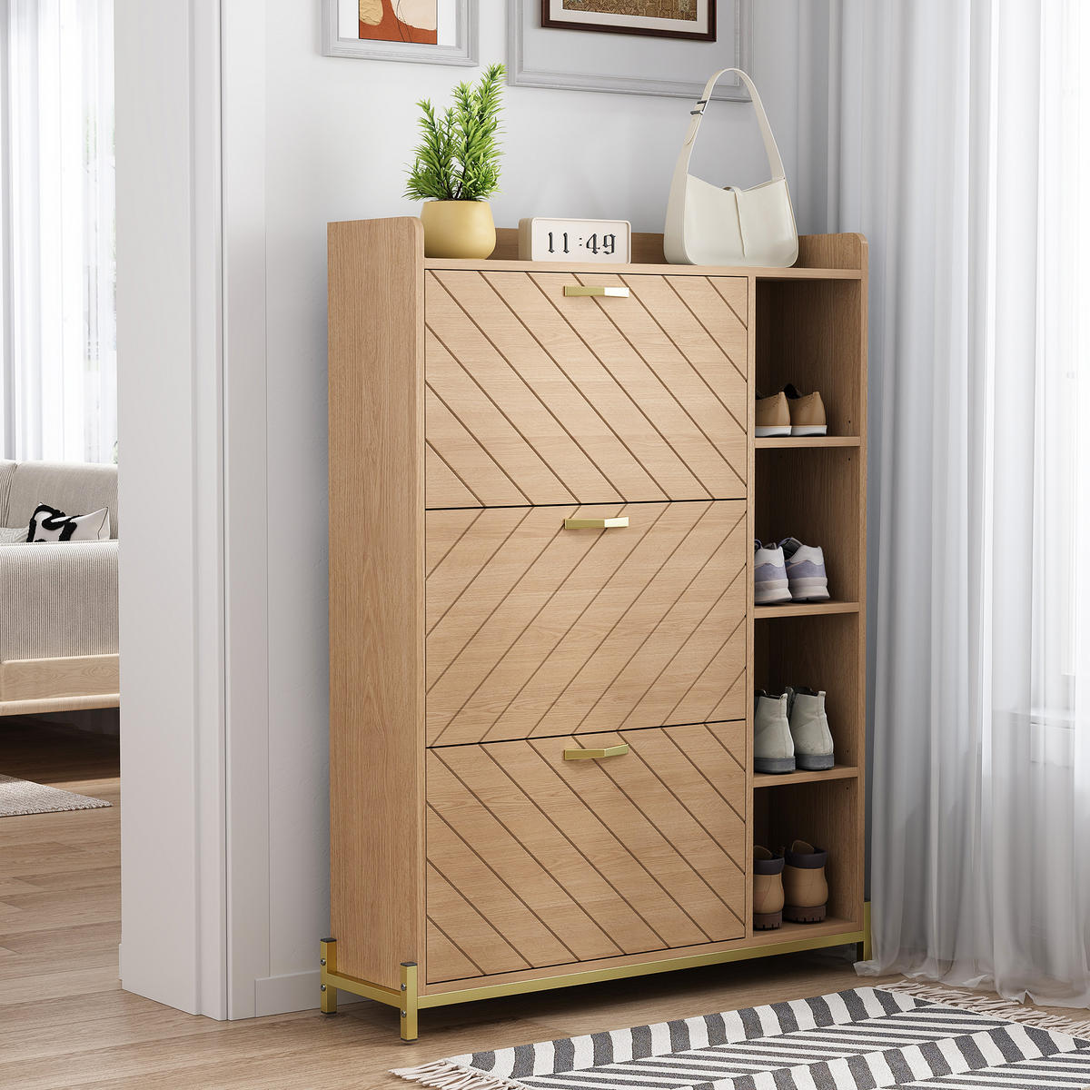 SCHUHSCHRANK 3 Türen Klappdeckel Eiche schmal mit Regalen - Naturfarben, Holz (90/119/24cm) - LEBENLANG