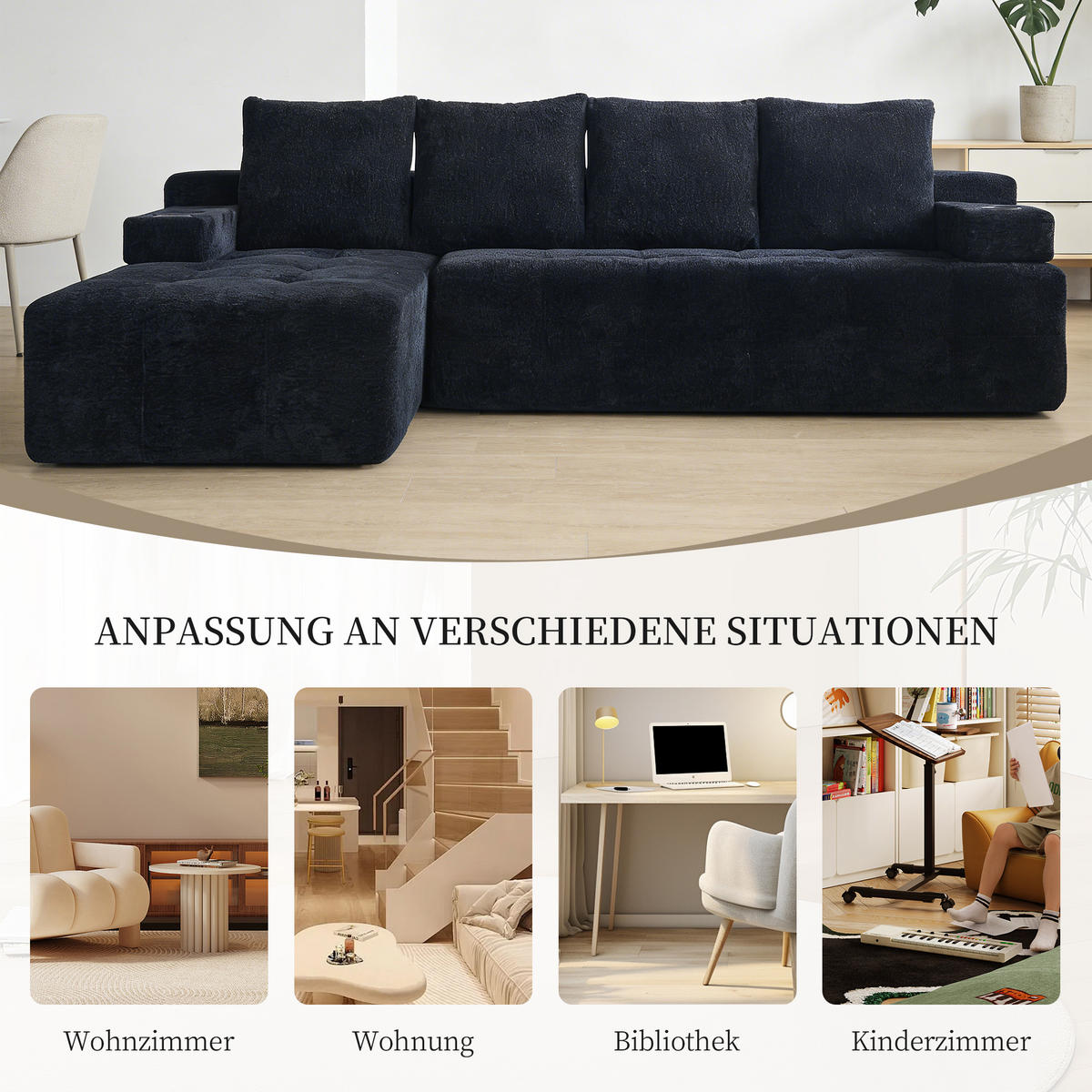 ECKSOFA Chenille Schwarz mit Becherhaltern und Seitenfach - Schwarz, Textil (260/168cm) - WISHDOR