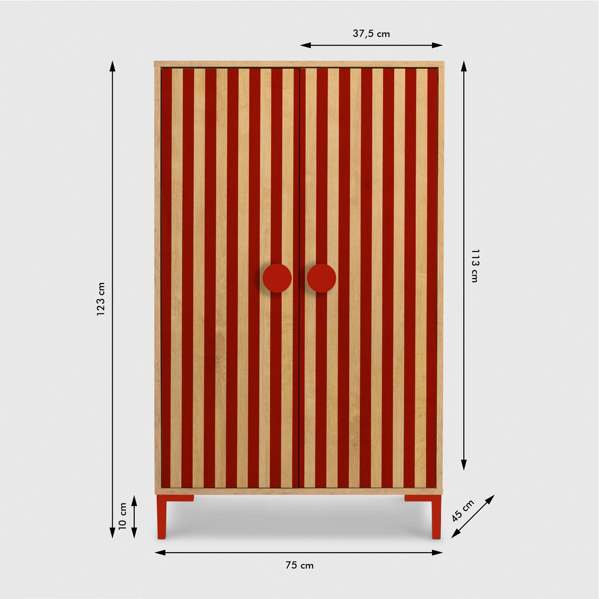 KLEIDERSCHRANK mit 2 Türen, Eichenholzoptik mit roten Streifen ALVA KIDS - Rot/Eiche Artisan, Holzwerkstoff (75/123/45cm) - RNT By Really Nice Things