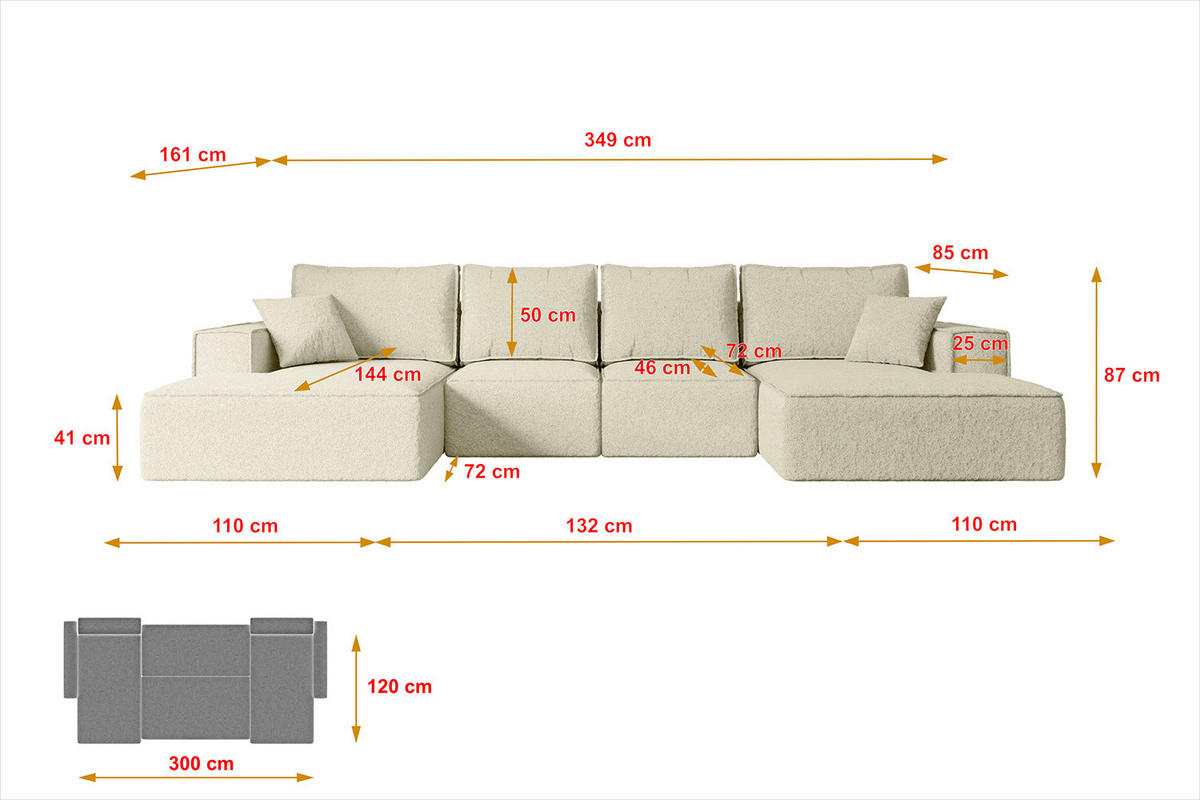 WOHNLANDSCHAFT mit Schlaffunktion und Bettkasten SIERRA-U-S - 349x161x87 cm Beige Bouclé - Beige/Schwarz, Holzwerkstoff/Kunststoff (349/87/161cm) - ALTDECOR