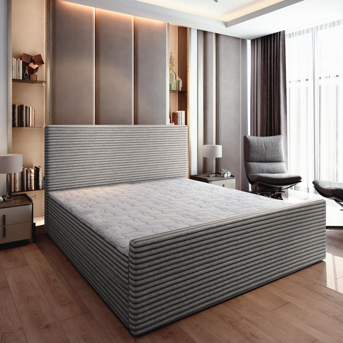 BOXBETT BRENTO 140x200 cm mit Matratze und Topper - Hellgrau - Hellgrau, Holz (140/200cm) - MASSENO