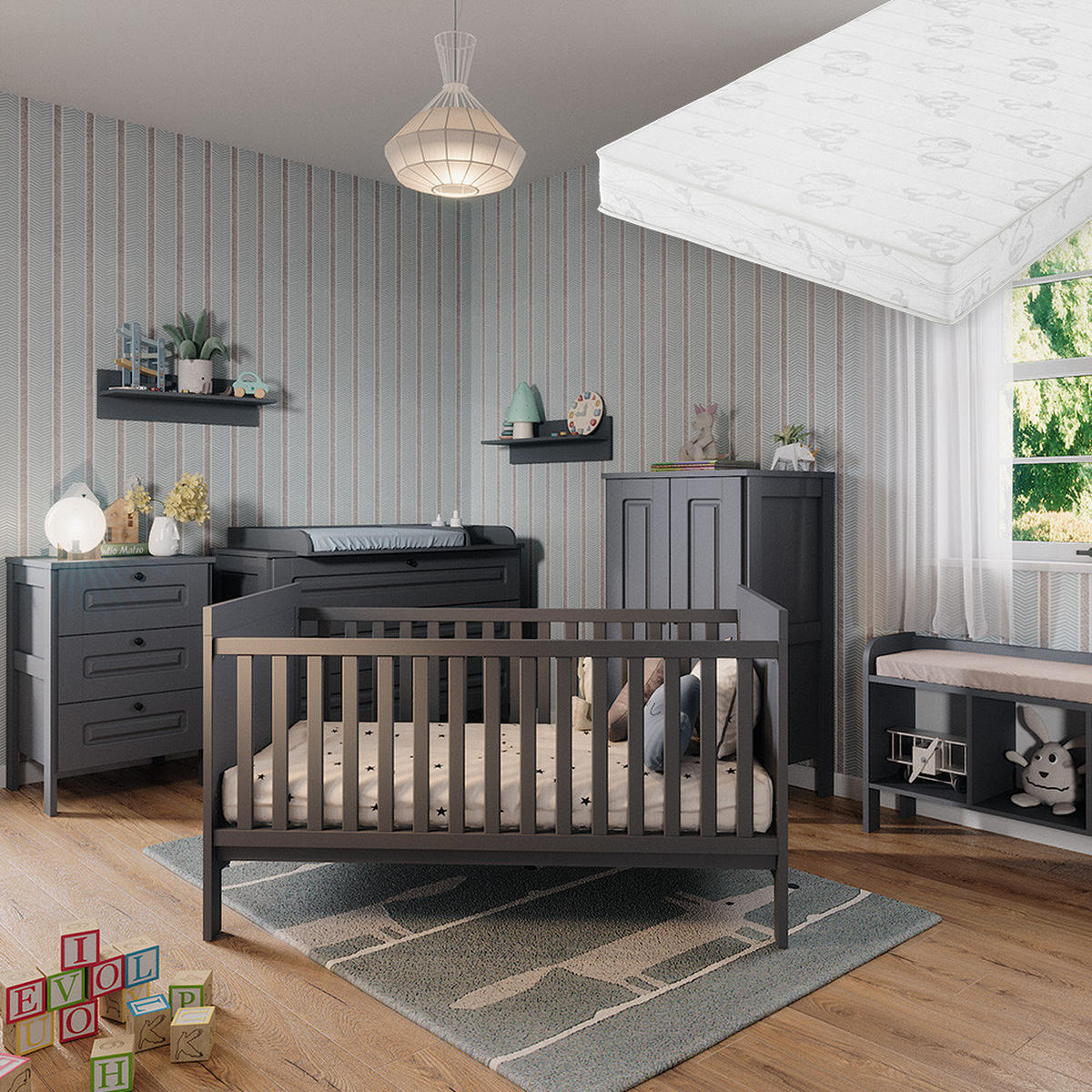 BABYBETT Ajaton Grau 144.4 x 83 cm mit Matratze - Grau, Holzwerkstoff (144.4/83/80.8cm) - VitaliSpa