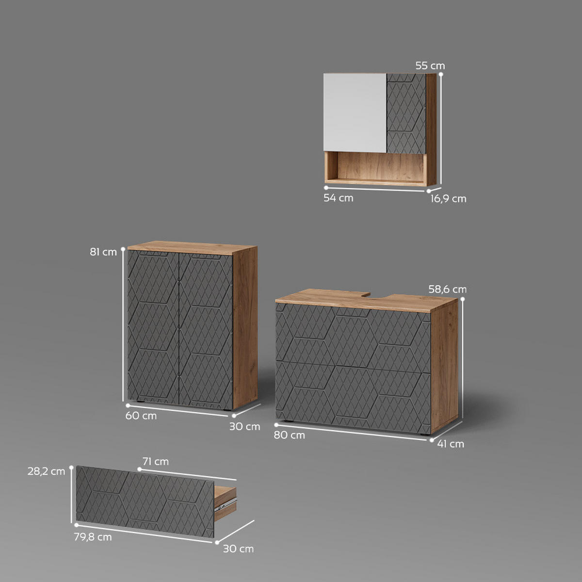 BADMÖBEL-SET Ronco Anthrazit gestreift 3 Teile, mit Unterschrank 80 cm - Honigeiche/Anthrazit, Holzwerkstoff (80/58/41cm) - Livinity®