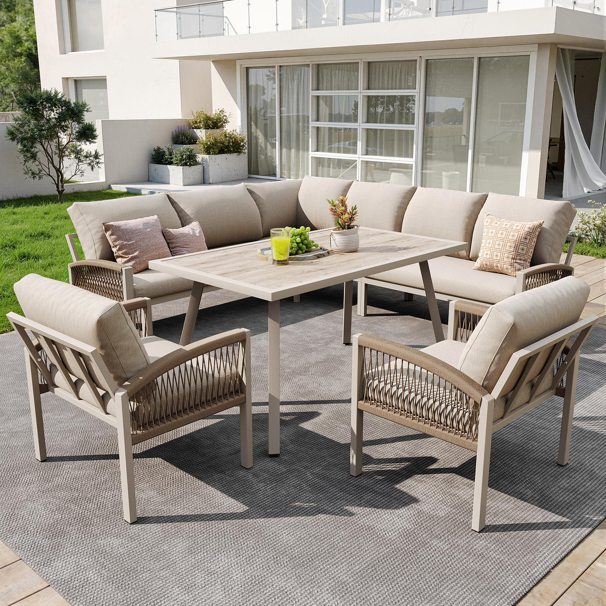 GARTENSET L-Form 8 Personen Beige Inkl. Tisch & 2 Sesseln - Beige, Metall - FLIEKS