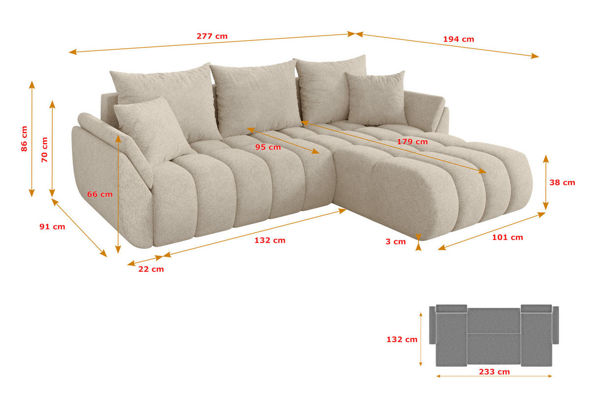 ROHOVÁ SEDAČKA s funkcí spaní, otoman vpravo TOKO-L-v1 277x194x86 krémová velur - černá/krémová, kompozitní dřevo/textil (277/194cm) - ALTDECOR