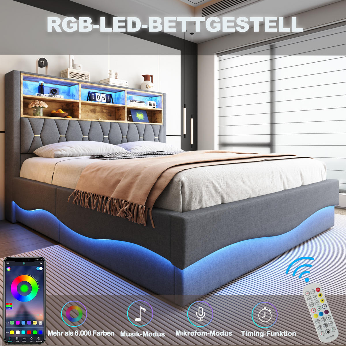 POLSTERBETT 180x200 cm mit LED, USB, Stauraum, Leinen, Grau - Grau, Holz (180/200cm)