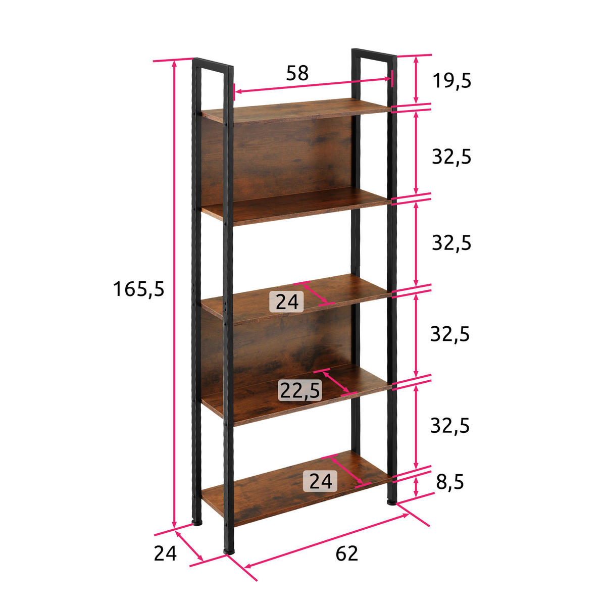 REGAL Westport,inklusive Kippschutz, 62 x 24 x 165,5 cm,Industrial Holz dunkel, rustikal - Rostfarben, Holzwerkstoff (24/165.5/62cm) - tectake