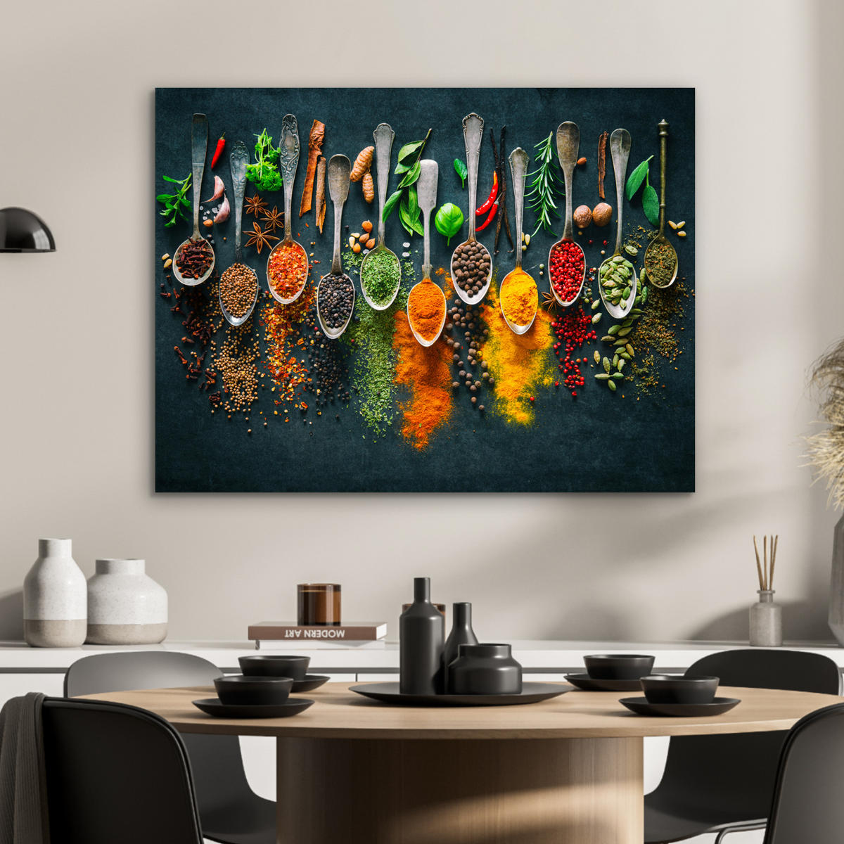 KOVOVÝ OBRAZ Bylinky - korenie - lyžičky 80x60 cm - kari žltá, kov (80/60cm) - MuchoWow