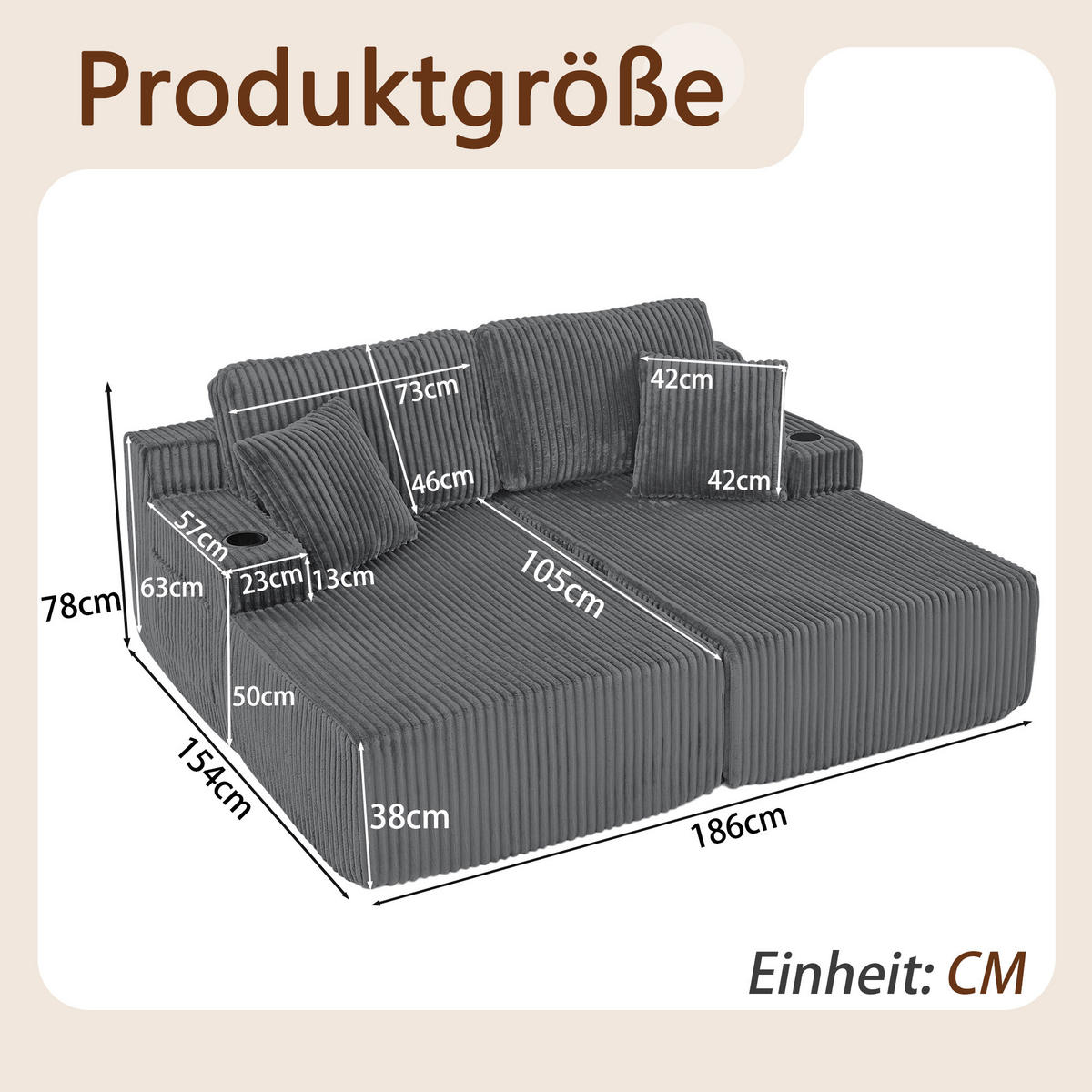 SCHLAFSOFA 186/154/78 cm Grau Cord mit seitlicher Magazintasche und Getränkehalter - Grau, Textil (186/78/154cm) - Oxeza