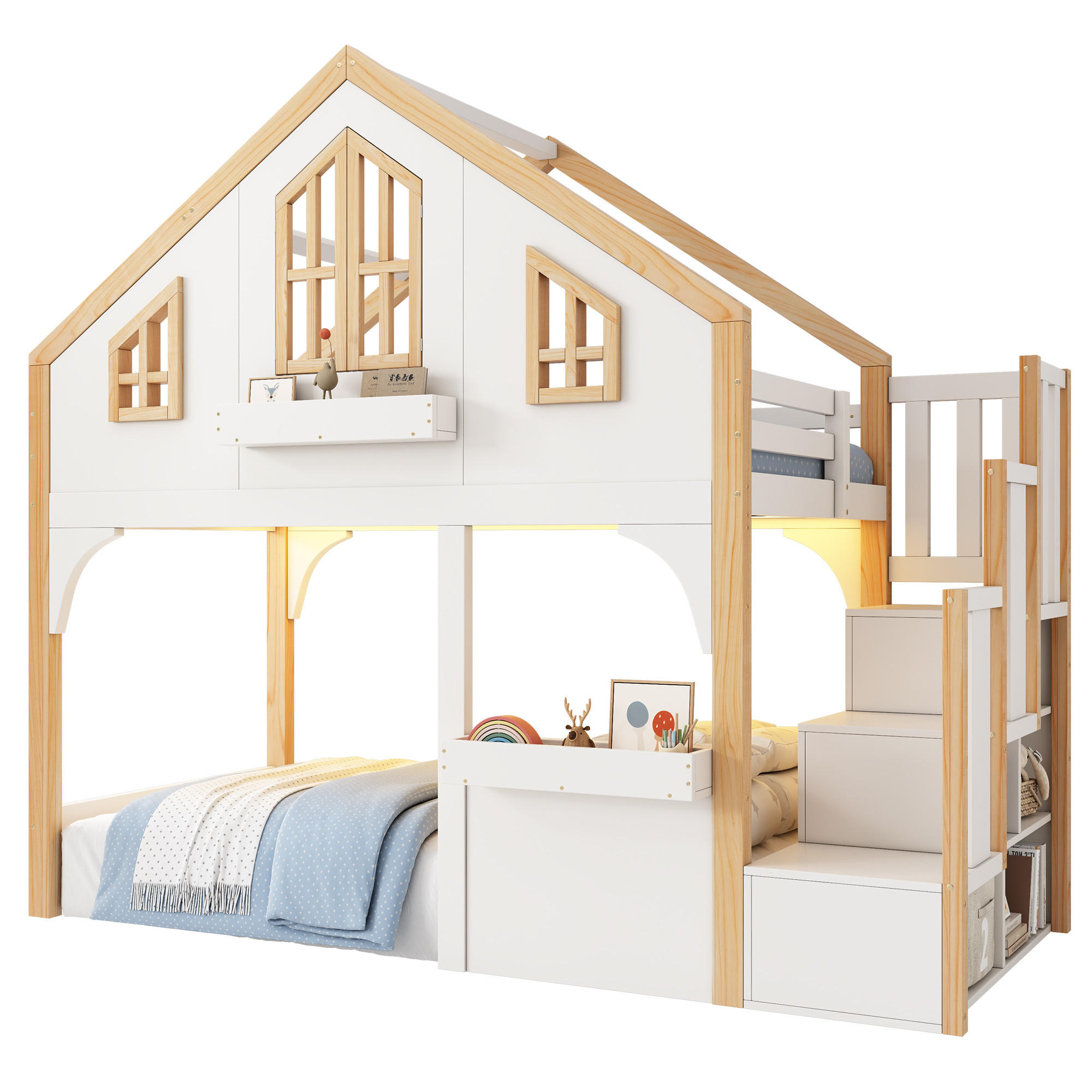 ETAGENBETT 90/200 cm in Weiß & Natur mit Stauraumtreppe und LED - Weiß, Holz/Holzwerkstoff (90/200cm) - WISHDOR