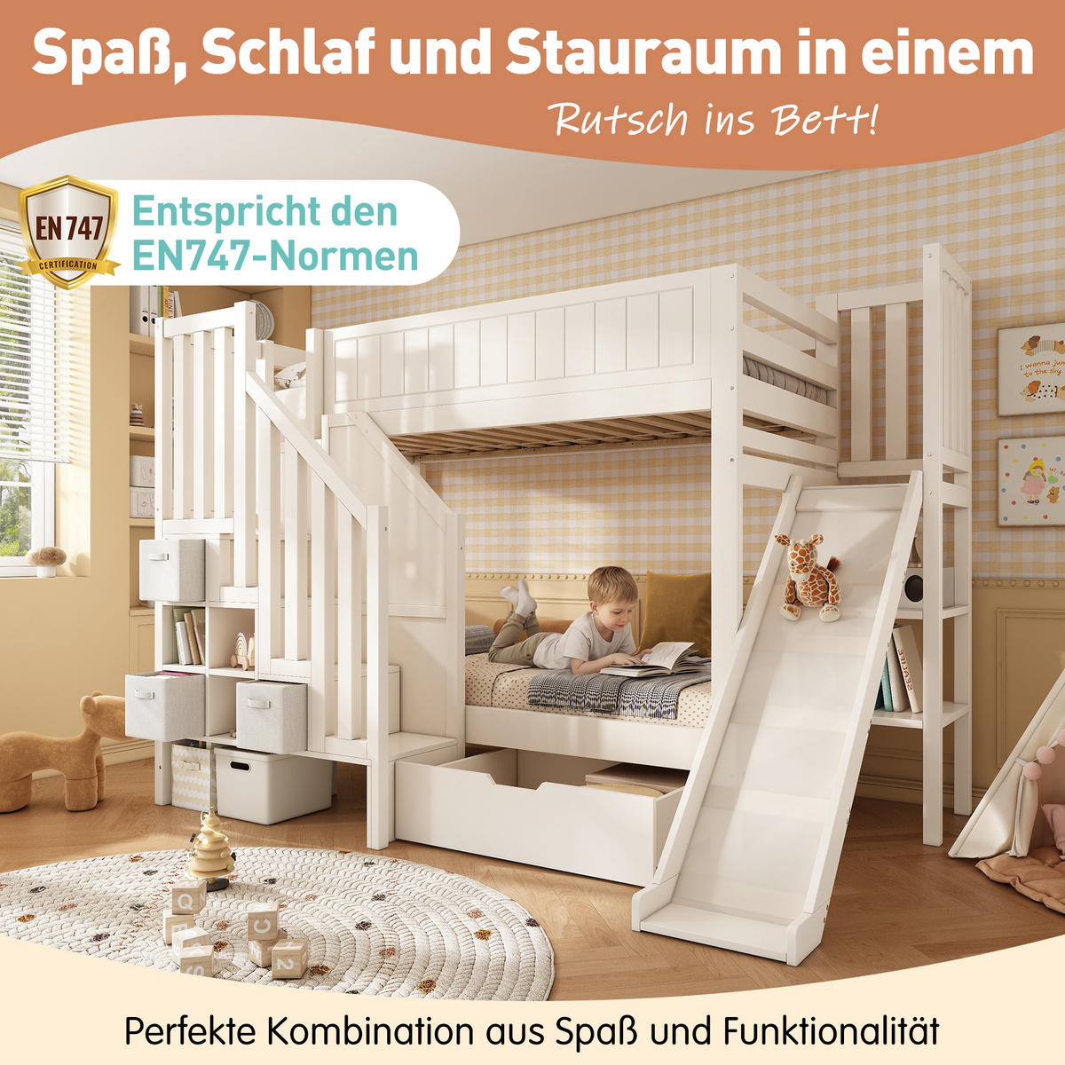 ETAGENBETT 90/200 cm & 90/200 cm in Weiß Kinderbett mit Rutsche, 3 Schubladen und Regal - Weiß, Holz/Holzwerkstoff (90/200cm) - STILVORA